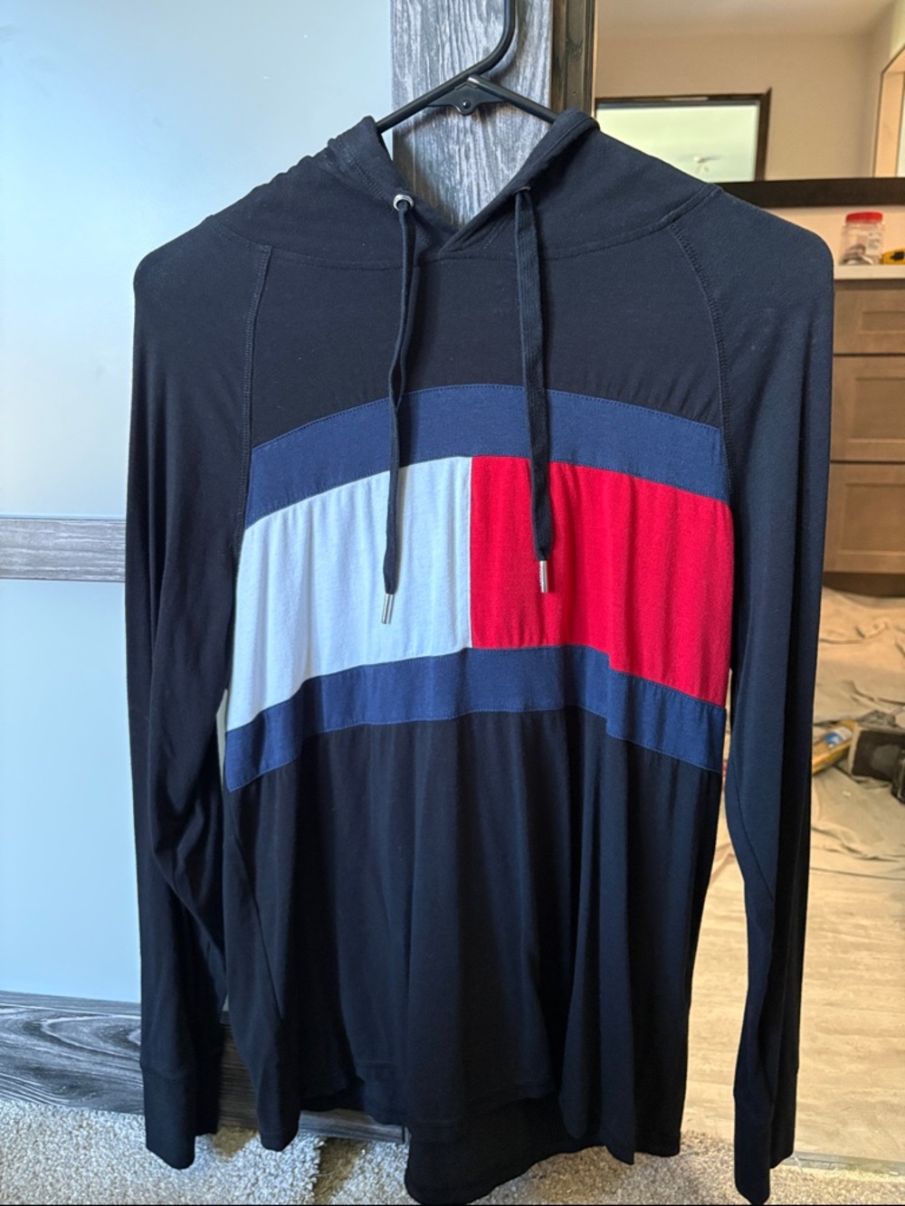 Colorblock Hooded Long-Sleeve Shirt - Black with Red & Blue Panels